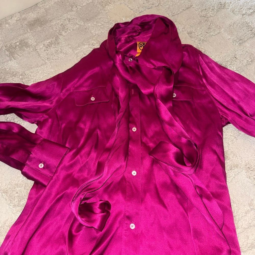 Tory Burch Magenta Silk button up with scarf attached